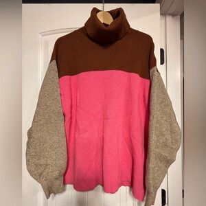 Free People “Candy Pop” Colorblock Pink, Tan &Brown Turtleneck Oversized Sweater